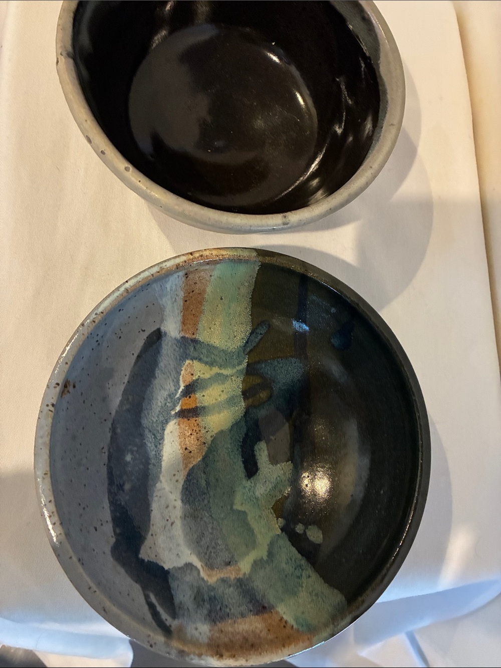 Ceramic Serving Bowls in Blue, Green, Brown and Black Glaze Art Pottery Signed